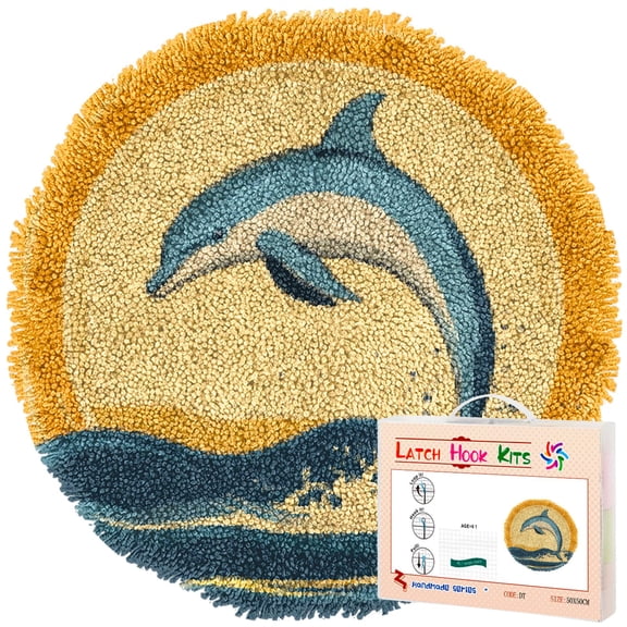 Latch Hook Rug Kit Dolphin Jumping Sea Wave Stamped Handmade Round Shape Carpet Crochet Yarn Craft DIY Hook and Latch Door Mat Tapestry for Home Floor Decor 50x50cm(5)