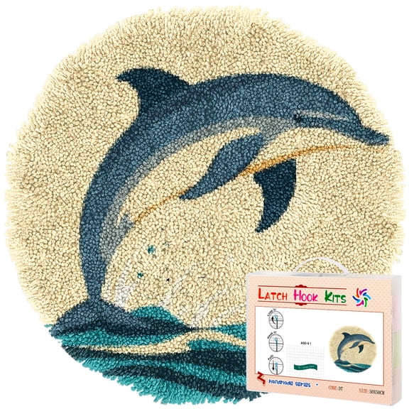 Latch Hook Rug Kit Dolphin Jumping Sea Wave Stamped Handmade Round Shape Carpet Crochet Yarn Craft DIY Hook and Latch Door Mat Tapestry for Home Floor Decor 50x50cm(4)