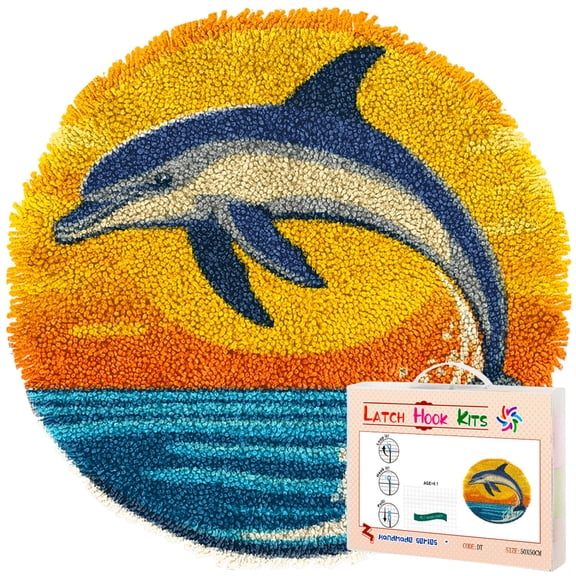 Latch Hook Rug Kit Dolphin Jumping Sea Wave Stamped Handmade Round Shape Carpet Crochet Yarn Craft DIY Hook and Latch Door Mat Tapestry for Home Floor Decor 50x50cm(1)