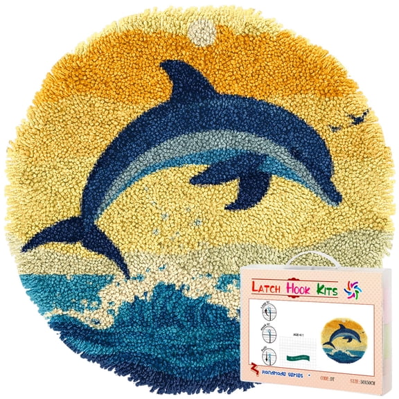 Latch Hook Rug Kit Dolphin Jumping Sea Wave Stamped Handmade Round Shape Carpet Crochet Yarn Craft DIY Hook and Latch Door Mat Tapestry for Home Floor Decor 50x50cm(6)