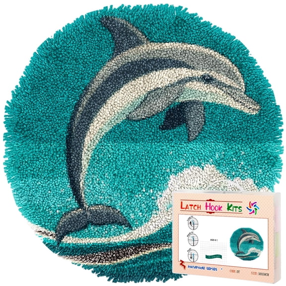 Latch Hook Rug Kit Dolphin Jumping Sea Wave Stamped Handmade Round Shape Carpet Crochet Yarn Craft DIY Hook and Latch Door Mat Tapestry for Home Floor Decor 50x50cm(2)