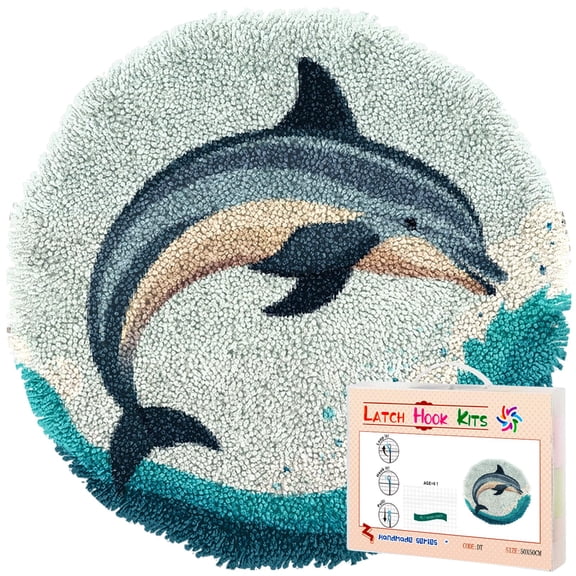 Latch Hook Rug Kit Dolphin Jumping Sea Wave Stamped Handmade Round Shape Carpet Crochet Yarn Craft DIY Hook and Latch Door Mat Tapestry for Home Floor Decor 50x50cm(3)