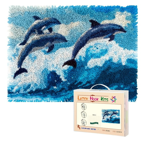 Latch Hook Rug Kit Dolphins Jumping Out of Ocean Waves Pre-Printed Handmade Carpet Crochet Yarn Craft DIY Hook and Latch Door Mat Tapestry for Home Floor Decoration 52x38cm-1