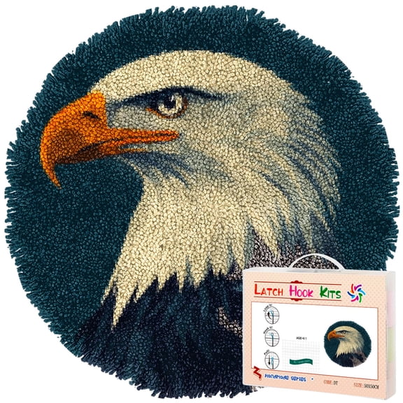 Latch Hook Rug Kit Eagle Stamped Handmade Round Shape Carpet Crochet Yarn Craft DIY Hook and Latch Door Mat Tapestry for Christmas Home Floor Decor 50x50cm(1)