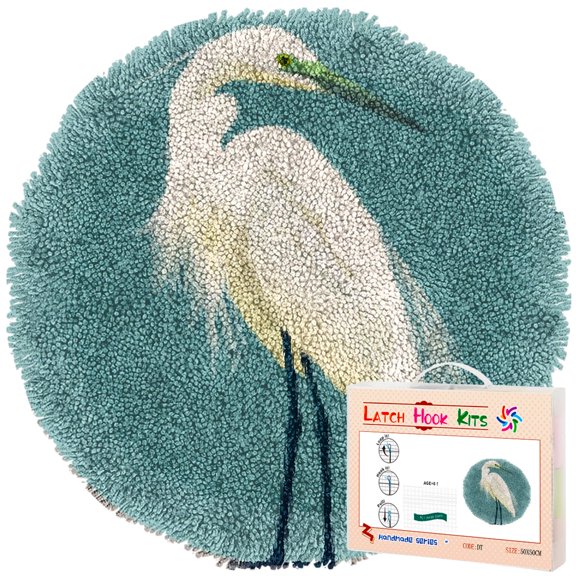 Latch Hook Rug Kit Egret Stamped Handmade Round Shape Carpet Crochet Yarn Craft DIY Hook and Latch Door Mat Tapestry for Christmas Home Floor Decor 50x50cm(1)
