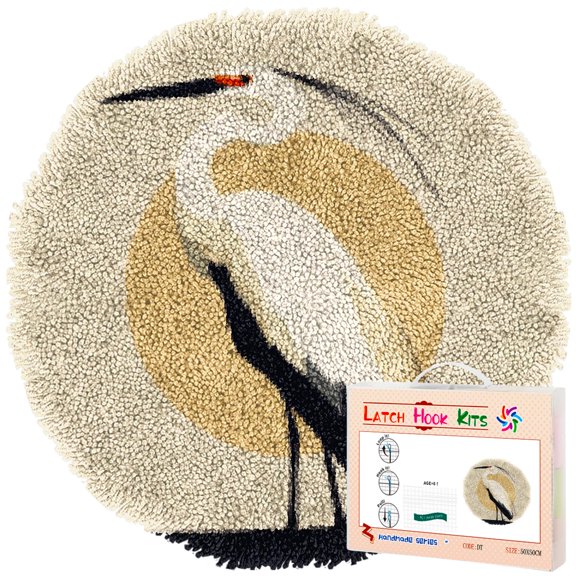 Latch Hook Rug Kit Egret Stamped Handmade Round Shape Carpet Crochet Yarn Craft DIY Hook and Latch Door Mat Tapestry for Christmas Home Floor Decor 50x50cm(2)