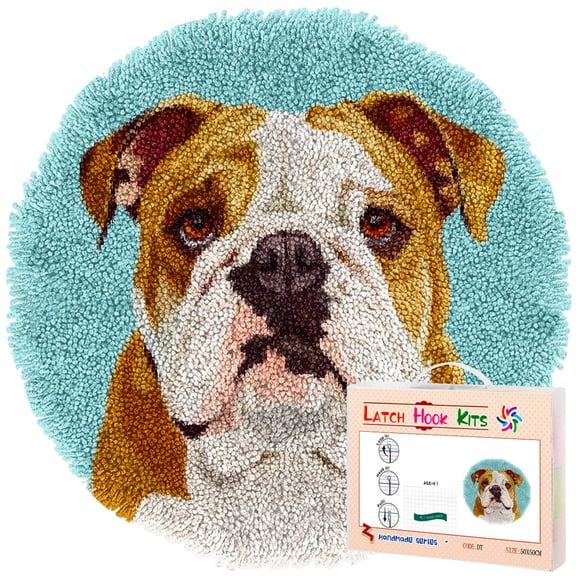 Latch Hook Rug Kit English Bulldog Stamped Handmade Round Shape Carpet Crochet Yarn Craft DIY Hook and Latch Door Mat Tapestry for Christmas Home Floor Decor 50x50cm(3)