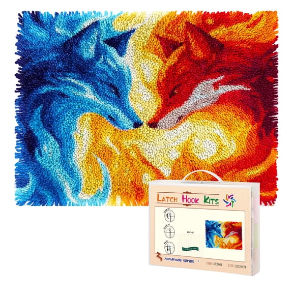Latch Hook Rug Kit Fire and Ice Wolf Pre-printed Handmade Carpet Crochet Yarn Craft DIY Hook and Latch Door Mat Tapestry for Home Floor Decoration 52x38cm-1