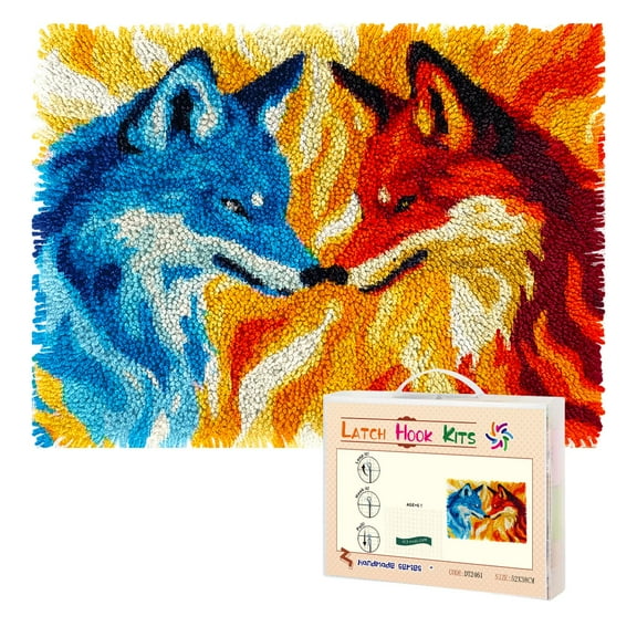 Latch Hook Rug Kit Fire and Ice Wolf Pre-printed Handmade Carpet Crochet Yarn Craft DIY Hook and Latch Door Mat Tapestry for Home Floor Decoration 52x38cm-2