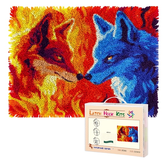 Latch Hook Rug Kit Fire and Ice Wolf Pre-printed Handmade Carpet Crochet Yarn Craft DIY Hook and Latch Door Mat Tapestry for Home Floor Decoration 52x38cm-3