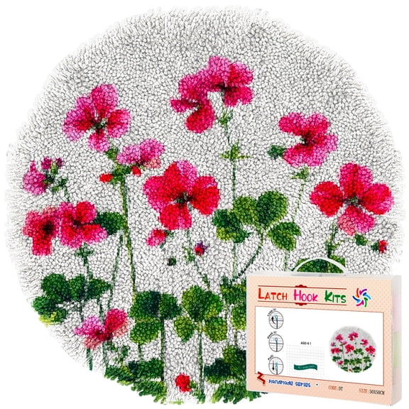 Latch Hook Rug Kit Geranium Flower Stamped Handmade Round Shape Carpet Crochet Yarn Craft DIY Hook and Latch Door Mat Tapestry for Christmas Home Floor Decor 50x50cm(2)