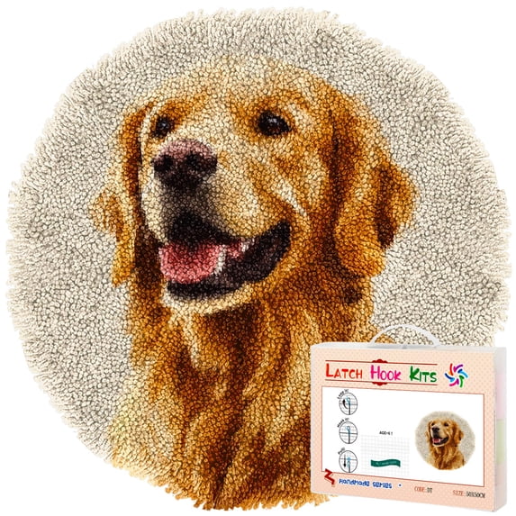 Round Crochet Rug Pattern Latch Hook Rug Kit Golden Retriever Dog Stamped Handmade Round Shape ...