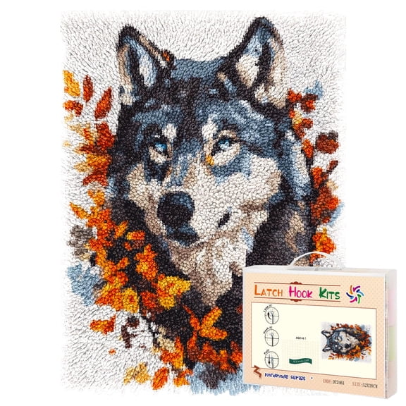 Latch Hook Rug Kit Gray Wolf Flowers Wreath Pre-printed Handmade Carpet Crochet Yarn Craft DIY Hook and Latch Door Mat Tapestry for Home Floor Decoration 52x38cm-2