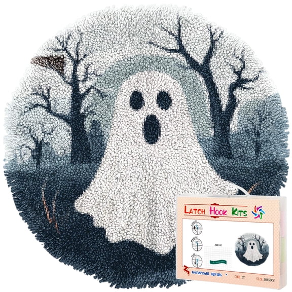 Latch Hook Rug Kit Halloween Ghost Stamped Handmade Round Shape Carpet Crochet Yarn Craft DIY Hook and Latch Door Mat Tapestry for Home Floor Decor 50x50cm(2)
