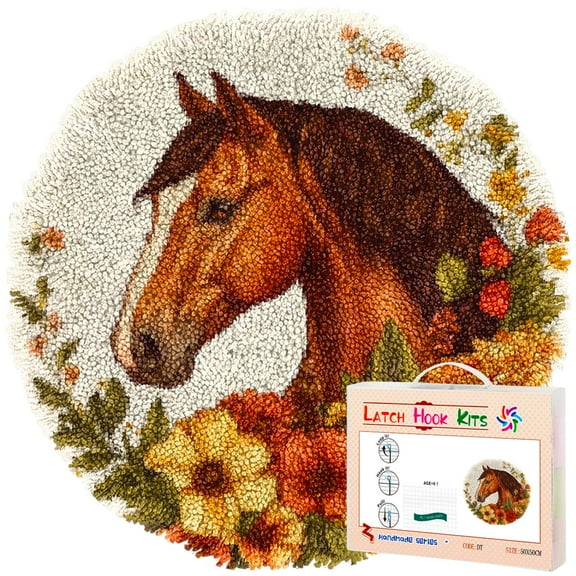 Latch Hook Rug Kit Horse in Flowers Stamped Handmade Round Shape Carpet Crochet Yarn Craft DIY Hook and Latch Door Mat Tapestry for Christmas Home Floor Decor 50x50cm(2)