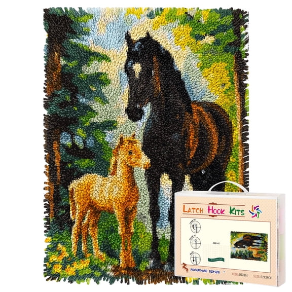 Latch Hook Rug Kit Horse Mom and Foal Pre-printed Handmade Carpet Crochet Yarn Craft DIY Hook and Latch Door Mat Tapestry for Home Floor Decoration 52x38cm-1