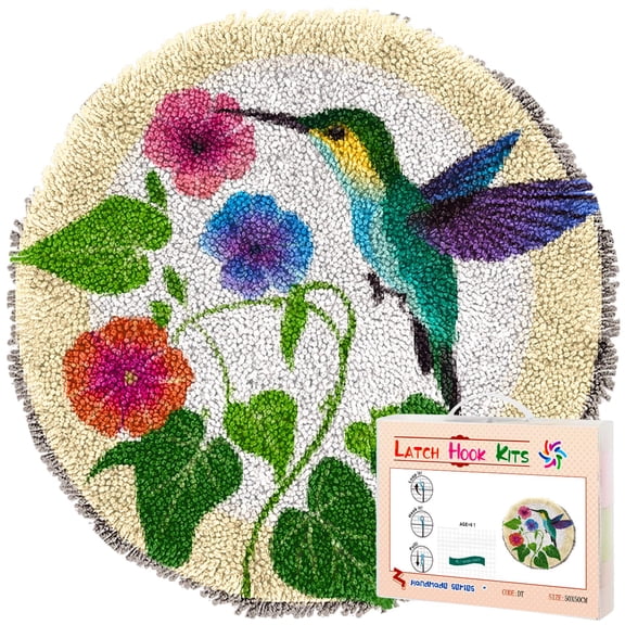 Latch Hook Rug Kit Hummingbird and Colorful Flowers Stamped Handmade Round Shape Carpet Crochet Yarn Craft DIY Hook and Latch Door Mat Tapestry for Christmas Home Floor Decor 50x50cm(3)