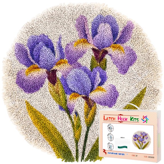 Latch Hook Rug Kit Iris Flower Stamped Handmade Round Shape Carpet Crochet Yarn Craft DIY Hook and Latch Door Mat Tapestry for Home Floor Decor 50x50cm(3)