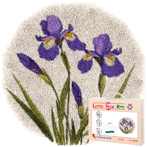 Latch Hook Rug Kit Iris Flower Stamped Handmade Round Shape Carpet Crochet Yarn Craft DIY Hook and Latch Door Mat Tapestry for Home Floor Decor 50x50cm(4)
