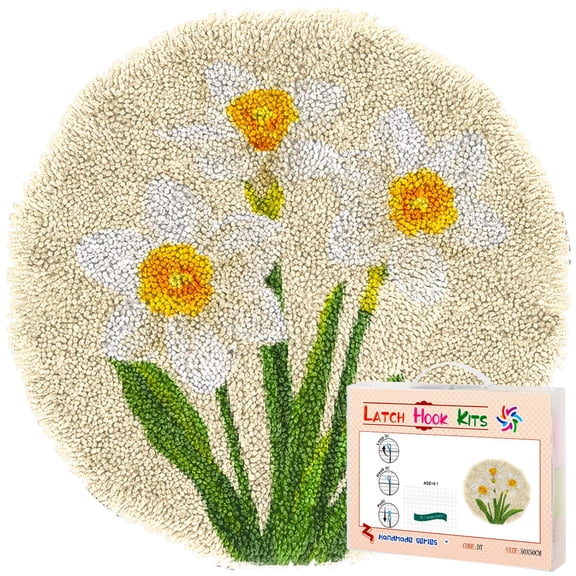 Latch Hook Rug Kit Jonquil Flower Stamped Handmade Round Shape Carpet Crochet Yarn Craft DIY Hook and Latch Door Mat Tapestry for Home Floor Decor 50x50cm(3)