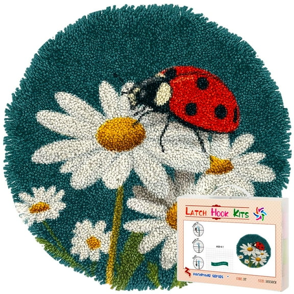 Latch Hook Rug Kit Ladybird on Daisy Flower Stamped Handmade Round Shape Carpet Crochet Yarn Craft DIY Hook and Latch Door Mat Tapestry for Home Floor Decor 50x50cm(6)