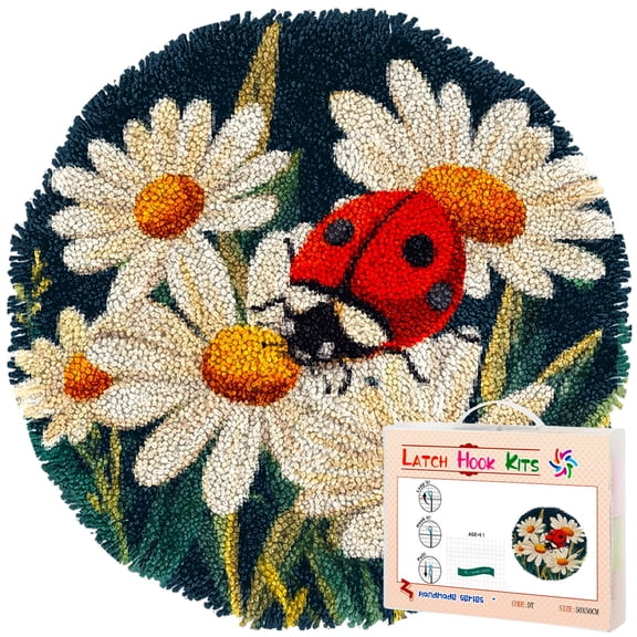 Latch Hook Rug Kit Ladybird on White Daisy Flowers Stamped Handmade Round Shape Carpet Crochet Yarn Craft DIY Hook and Latch Door Mat Tapestry for Christmas Home Floor Decor 50x50cm(5)