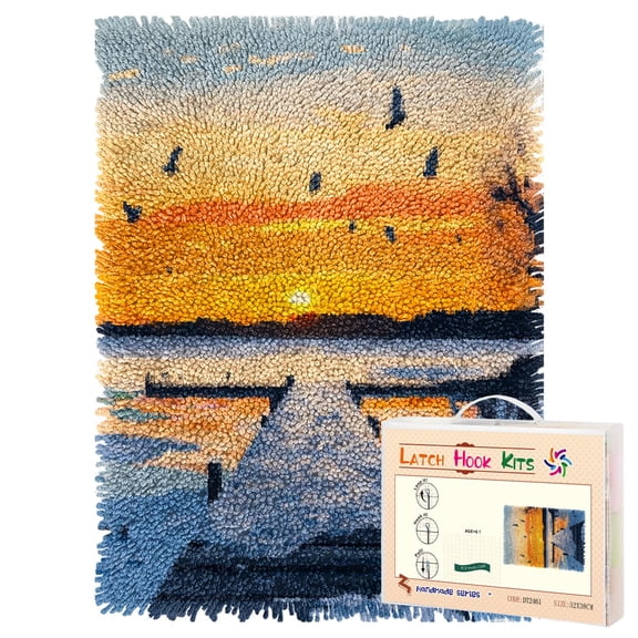 Latch Hook Rug Kit Lake with Birds Sunset Dock Pre-printed Handmade Carpet Crochet Yarn Craft DIY Hook and Latch Door Mat Tapestry for Home Floor Decoration 52x38cm-2