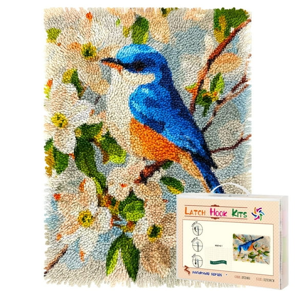 Latch Hook Rug Kit Little Bird Sitting on Dogwood Flowers Pre-printed Handmade Carpet Crochet Yarn Craft DIY Hook and Latch Door Mat Tapestry for Home Floor Decoration 52x38cm-1