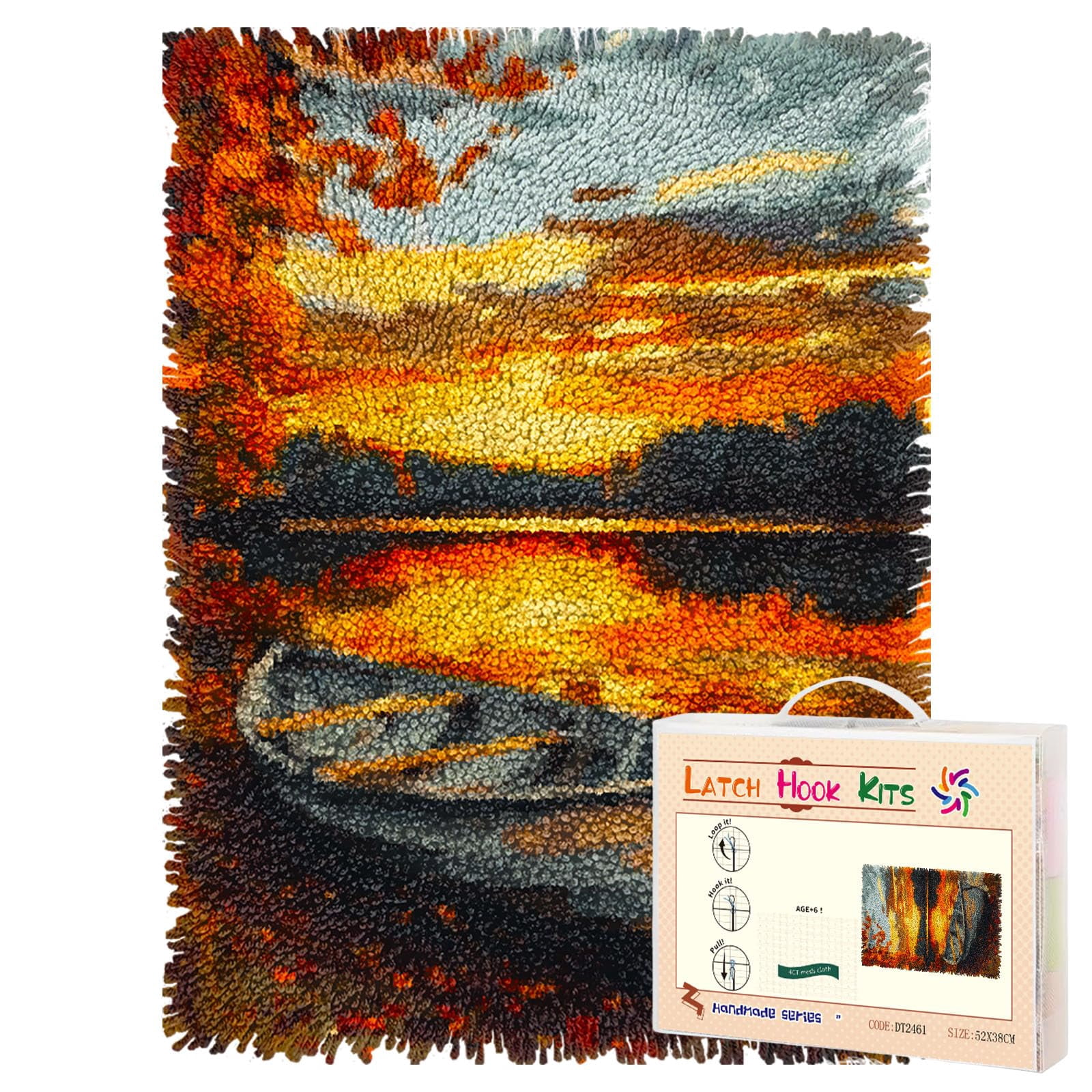 Let Hook Rug Kit Latch Hook Rug Kit Little Boat Autumn Lake Sunset Landscape Pre-printed ...