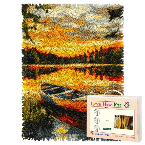Latch Hook Rug Kit Little Boat Sunset Scene Pre-printed Handmade Carpet Crochet Yarn Craft DIY Hook and Latch Door Mat Tapestry for Home Floor Decoration 52x38cm-1