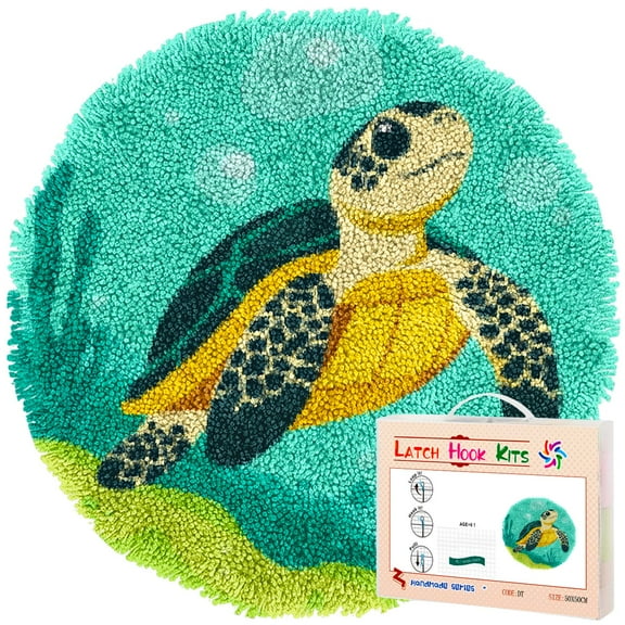 Latch Hook Rug Kit Little Sea Turtle Stamped Handmade Round Shape Carpet Crochet Yarn Craft DIY Hook and Latch Door Mat Tapestry for Home Floor Decor 50x50cm