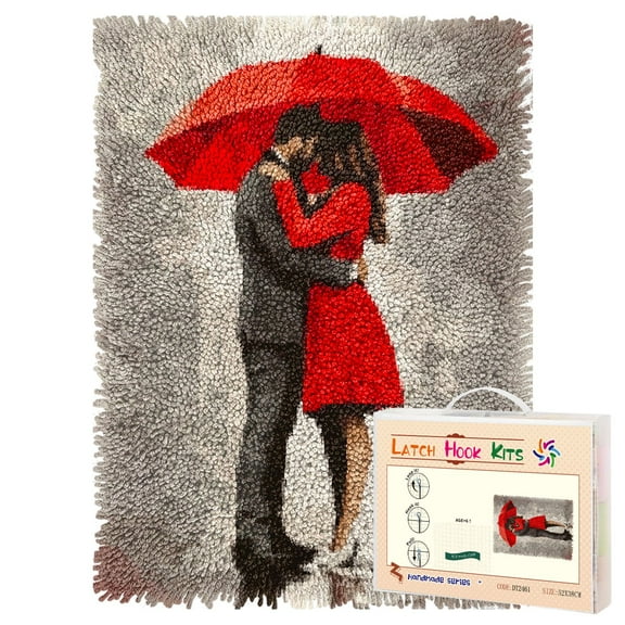 Latch Hook Rug Kit Man and Woman Hugging under Red Umbrella Pre-printed Handmade Carpet Crochet Yarn Craft DIY Hook and Latch Door Mat Tapestry for Home Floor Decoration 52x38cm-1