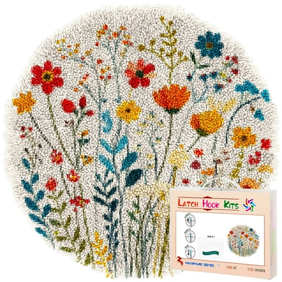 Latch Hook Rug Kit Many Colorful Wild Flowers Stamped Handmade Round Shape Carpet Crochet Yarn Craft DIY Hook and Latch Door Mat Tapestry for Christmas Home Floor Decor 50x50cm(1)