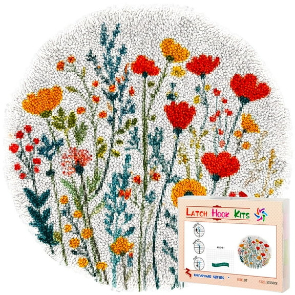 Latch Hook Rug Kit Many Colorful Wild Flowers Stamped Handmade Round Shape Carpet Crochet Yarn Craft DIY Hook and Latch Door Mat Tapestry for Christmas Home Floor Decor 50x50cm(2)