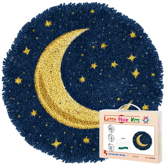 Latch Hook Rug Kit Moon and Stars Stamped Handmade Round Shape Carpet Crochet Yarn Craft DIY Hook and Latch Door Mat Tapestry for Christmas Home Floor Decor 50x50cm(1)