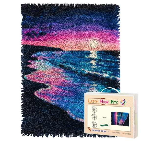 Latch Hook Rug Kit Moonlight Colorful Beach Pre-printed Handmade Carpet Crochet Yarn Craft DIY Hook and Latch Door Mat Tapestry for Home Floor Decoration 52x38cm-1