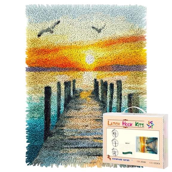 Latch Hook Rug Kit Old Wooden Dock and Sunset Pre-printed Handmade Carpet Crochet Yarn Craft DIY Hook and Latch Door Mat Tapestry for Home Floor Decoration 52x38cm-2