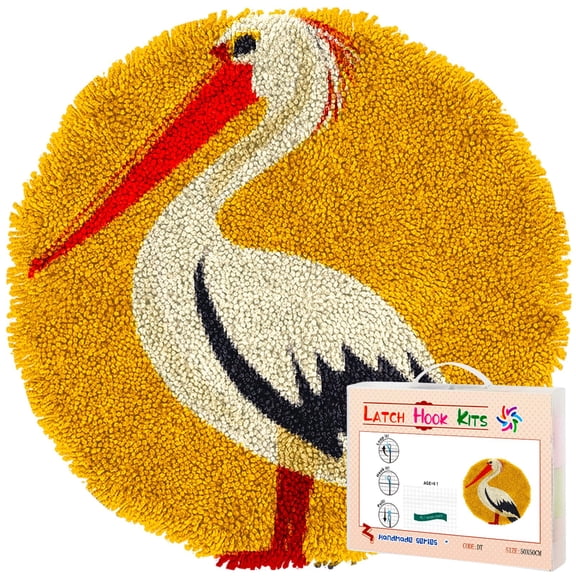 Latch Hook Rug Kit Pelican Stamped Handmade Round Shape Carpet Crochet Yarn Craft DIY Hook and Latch Door Mat Tapestry for Christmas Home Floor Decor 50x50cm(1)
