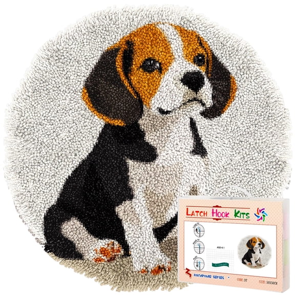 Latch Hook Rug Kit Puppy Beagle Dog Stamped Handmade Round Shape Carpet Crochet Yarn Craft DIY Hook and Latch Door Mat Tapestry for Christmas Home Floor Decor 50x50cm(3)