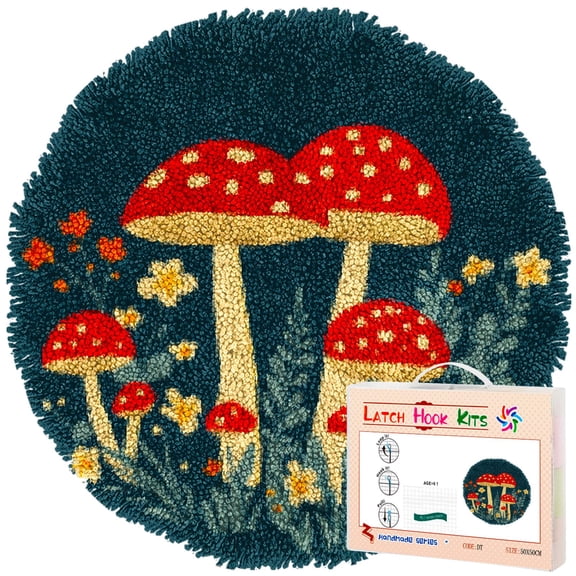 Latch Hook Rug Kit Red Mushrooms and Flowers Stamped Handmade Round Shape Carpet Crochet Yarn Craft DIY Hook and Latch Door Mat Tapestry for Christmas Home Floor Decor 50x50cm(2)