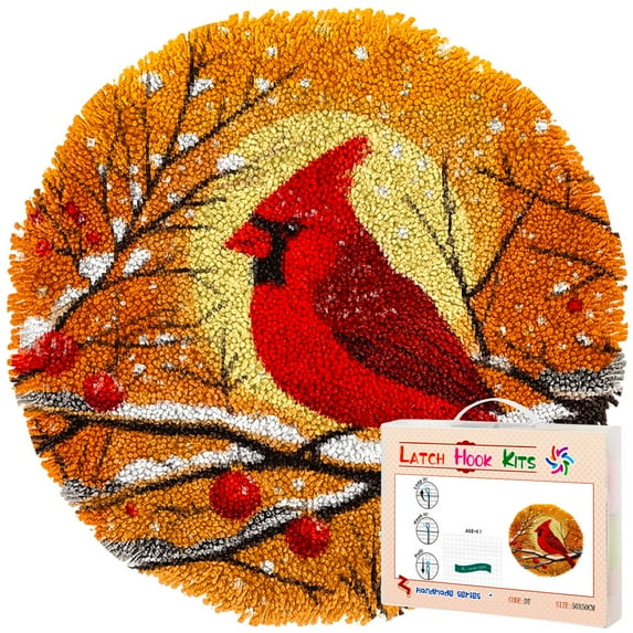 Latch Hook Rug Kit Red Northern Cardinal Window Scene Stamped Handmade Round Shape Carpet Crochet Yarn Craft DIY Hook and Latch Door Mat Tapestry for Christmas Home Floor Decor 50x50cm(2)