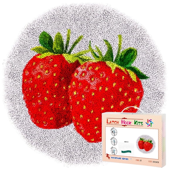 Latch Hook Rug Kit Red Strawberries Stamped Handmade Round Shape Carpet Crochet Yarn Craft DIY Hook and Latch Door Mat Tapestry for Home Floor Decor 50x50cm(3)