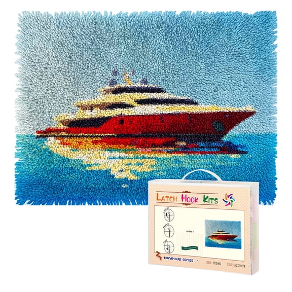 Latch Hook Rug Kit Red and White Cruise Pre-Printed Handmade Carpet Crochet Yarn Craft DIY Hook and Latch Door Mat Tapestry for Home Floor Decoration 52x38cm-1