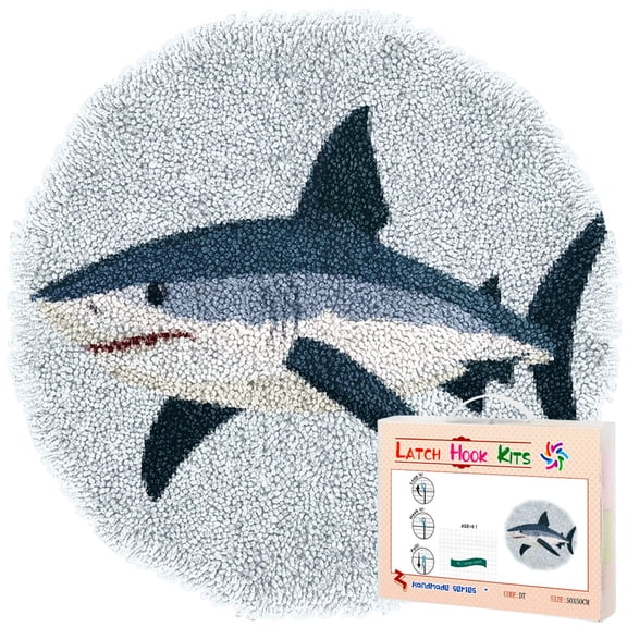 Latch Hook Rug Kit Sea Shark Stamped Handmade Round Shape Carpet Crochet Yarn Craft DIY Hook and Latch Door Mat Tapestry for Home Floor Decor 50x50cm