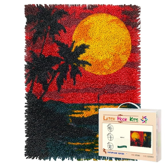 Latch Hook Rug Kit Seaside Sunset Scene Pre-printed Handmade Carpet Crochet Yarn Craft DIY Hook and Latch Door Mat Tapestry for Home Floor Decoration 52x38cm-3