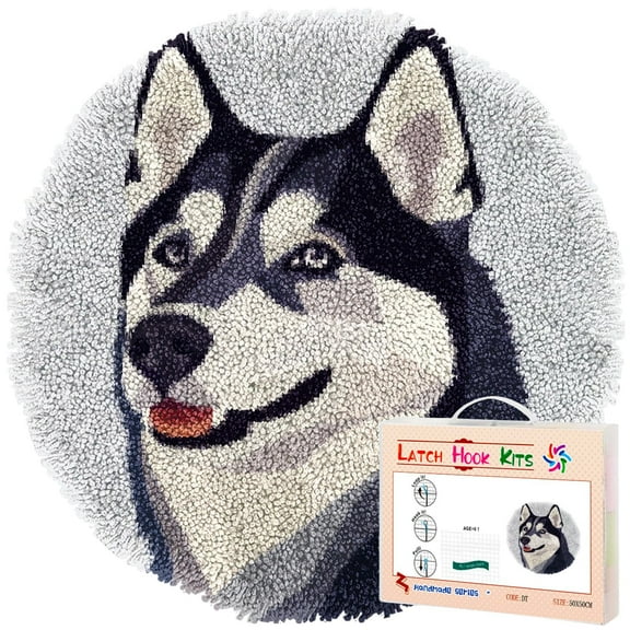 Latch Hook Rug Kit Siberian Huskies Dog Stamped Handmade Round Shape Carpet Crochet Yarn Craft DIY Hook and Latch Door Mat Tapestry for Home Floor Decor 50x50cm