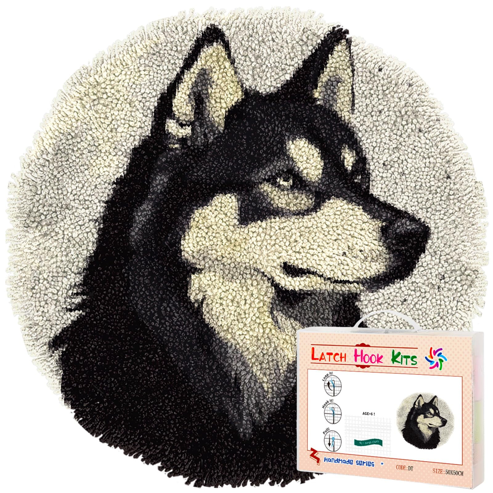 Latch Hook Rug Kit Siberian Husky Dog Night Moon Stamped Handmade Round ...
