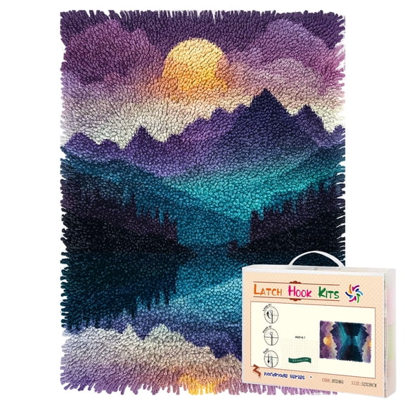 Latch Hook Rug Kit Silhouette of Mountain Tree Moon Landscape Pre-printed Handmade Carpet Crochet Yarn Craft DIY Hook and Latch Door Mat Tapestry for Home Floor Decoration 52x38cm-1