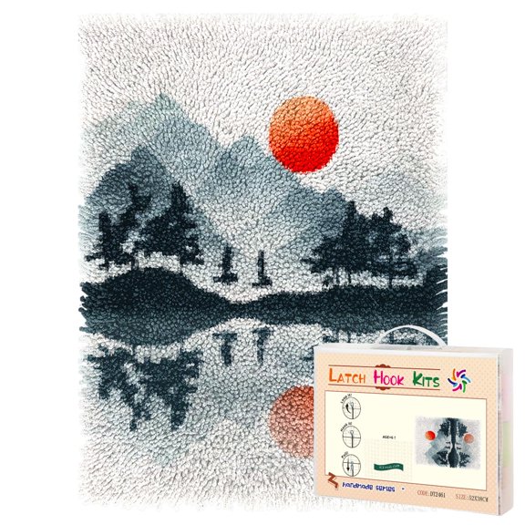 Latch Hook Rug Kit Simple Landscape Pine Tree and Mountain Sunset Pre-printed Handmade Carpet Crochet Yarn Craft DIY Hook and Latch Door Mat Tapestry for Home Floor Decoration 52x38cm-6