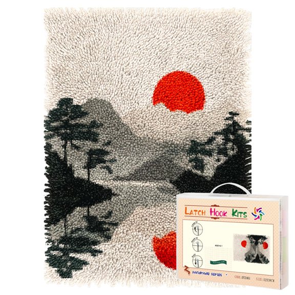 Latch Hook Rug Kit Simple Landscape Pine Tree and Mountain Sunset Pre-printed Handmade Carpet Crochet Yarn Craft DIY Hook and Latch Door Mat Tapestry for Home Floor Decoration 52x38cm-5